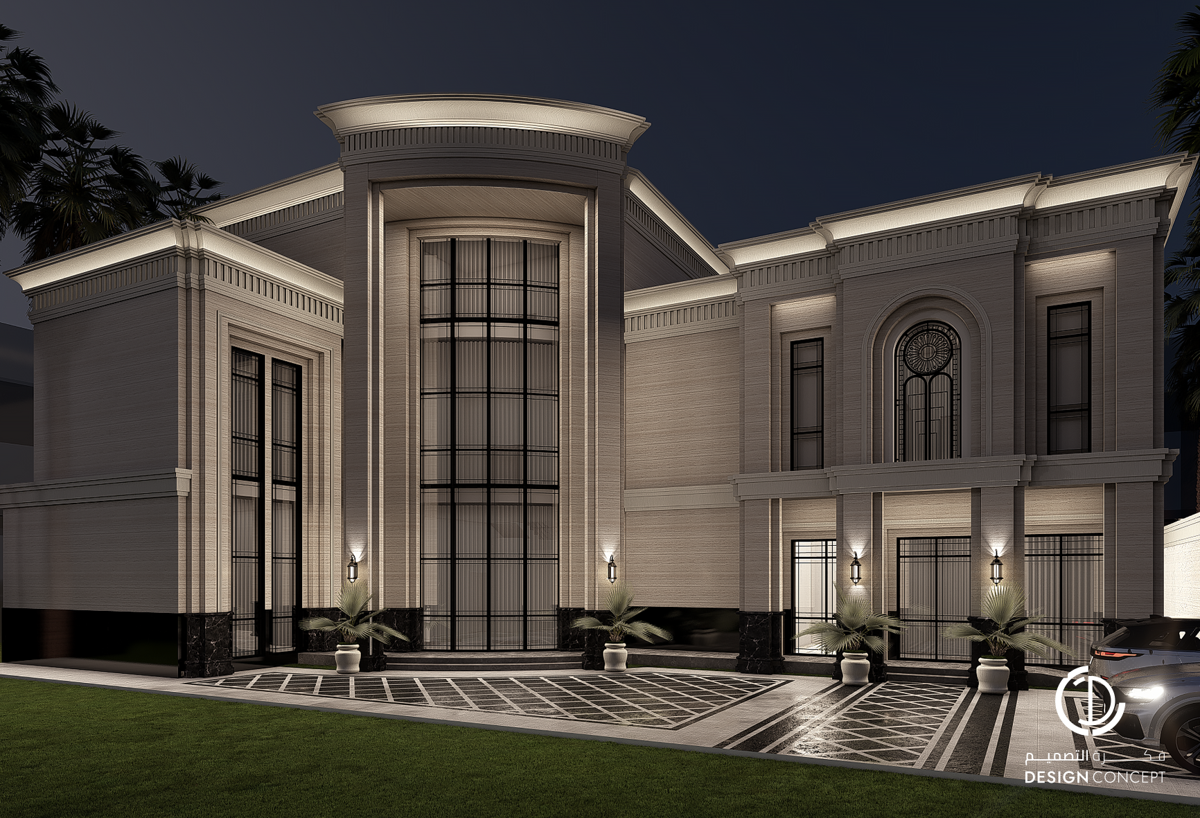 فيلا خاصة - تصميم الواجهة الخارجية - لقطة مسائية - شركة فكرة التصميم