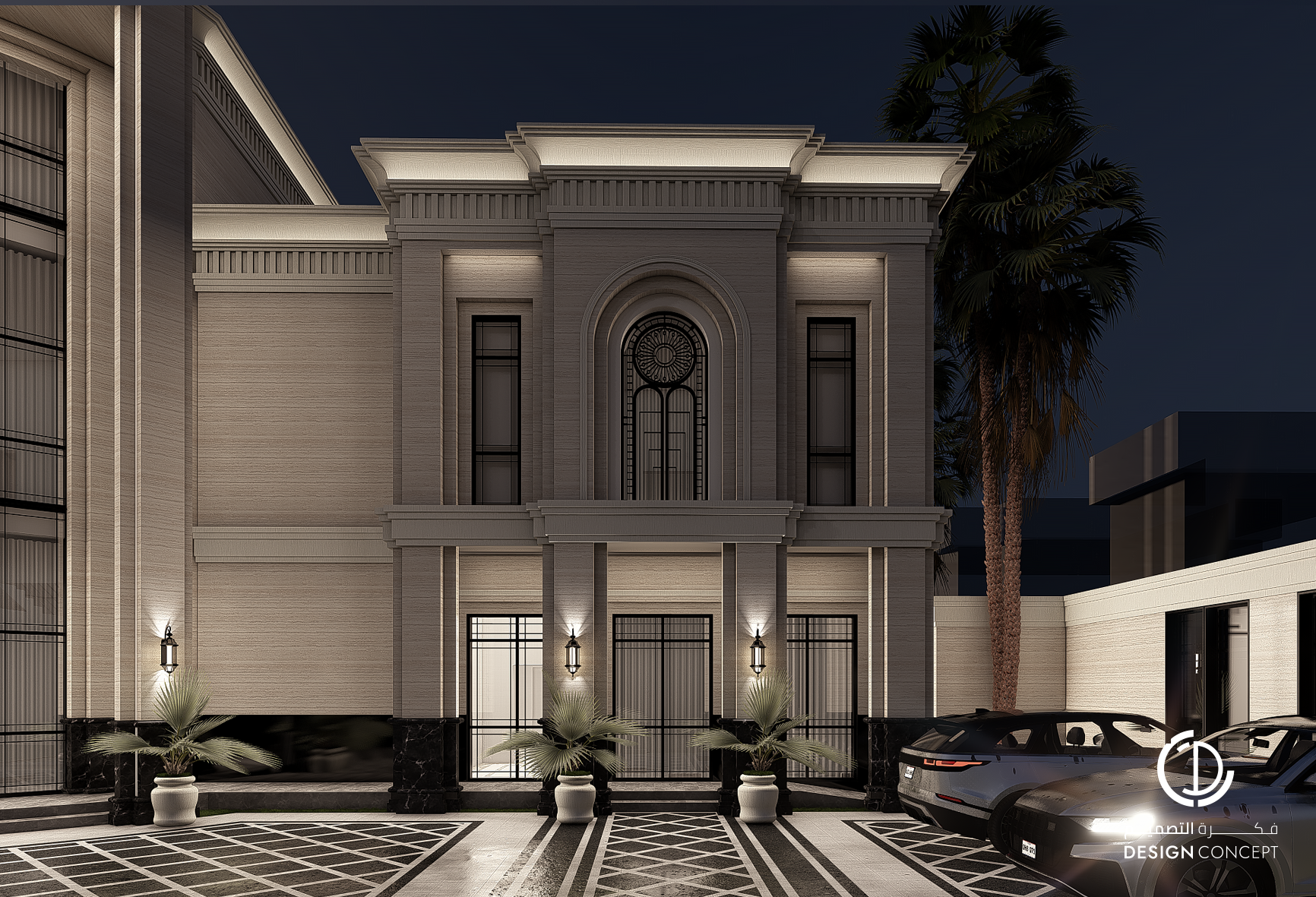 فيلا خاصة - تصميم الواجهة الخارجية - لقطة مسائية - شركة فكرة التصميم