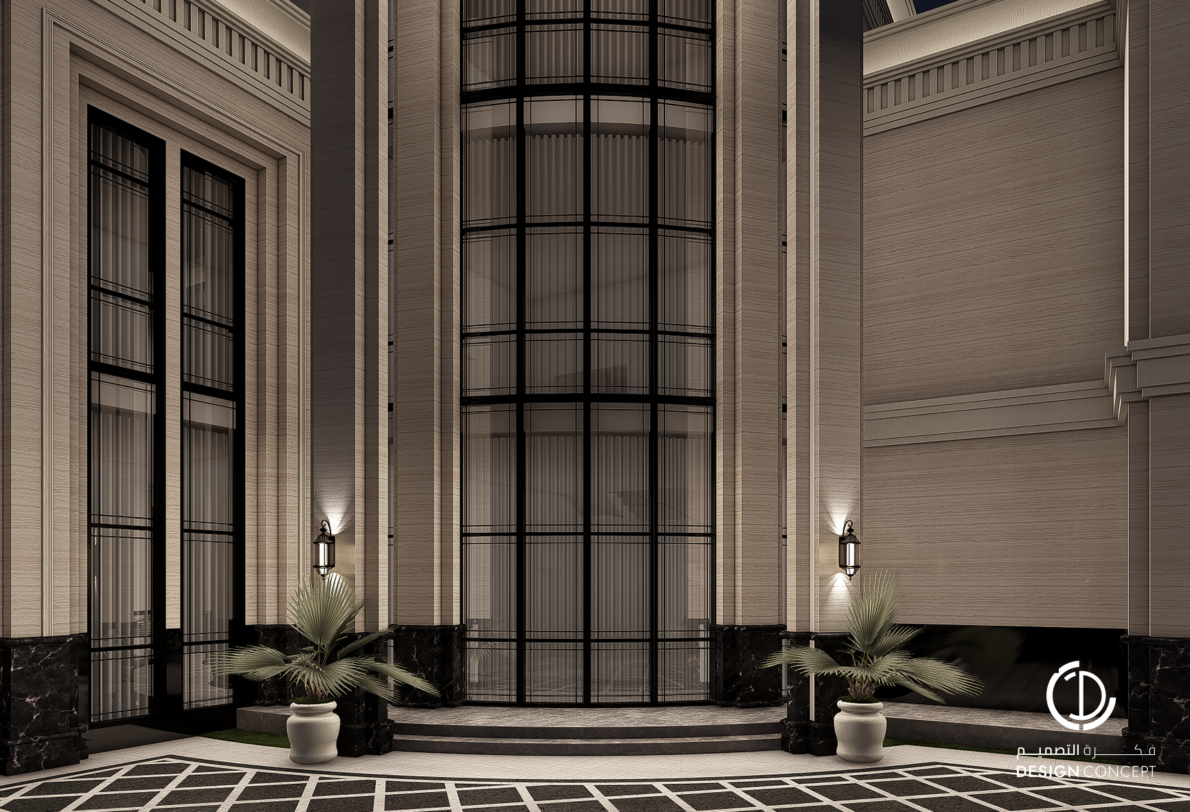 فيلا خاصة - تصميم الواجهة الخارجية - لقطة مسائية - شركة فكرة التصميم