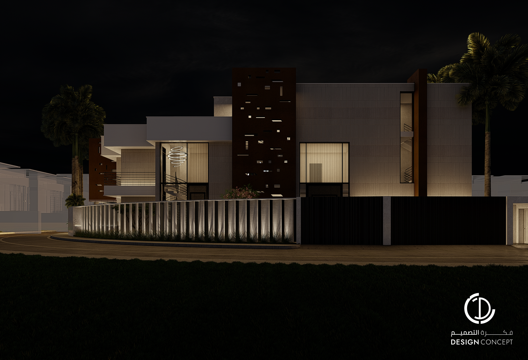 تصميم الواجهة الخارجية - لقطة مسائية - فيلا خاصة - شركة فكرة التصميم