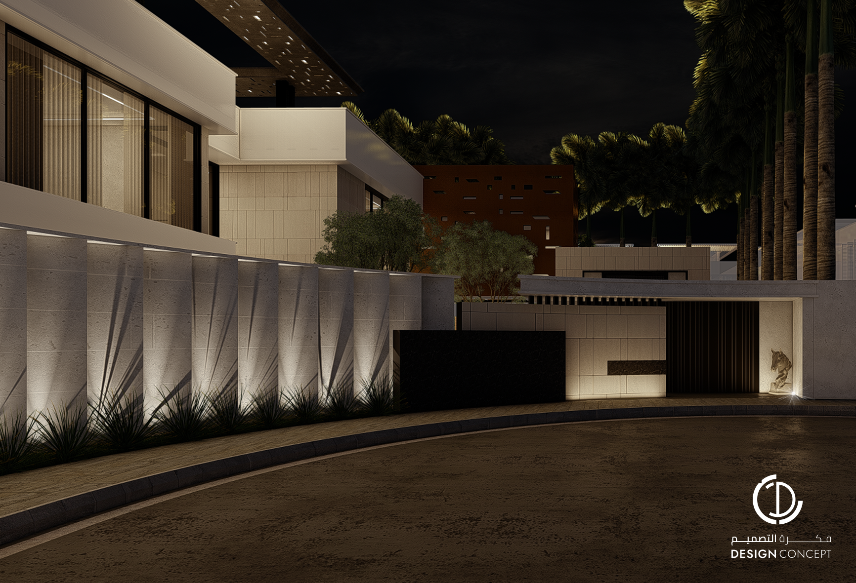 تصميم الواجهة الخارجية - لقطة مسائية - فيلا خاصة - شركة فكرة التصميم