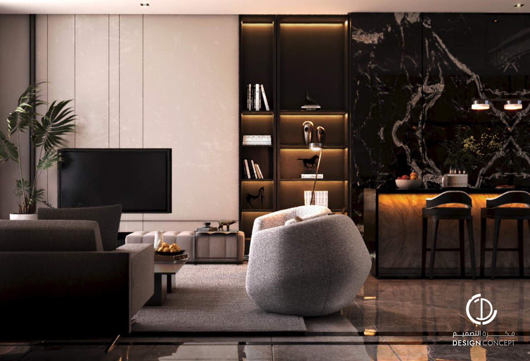 الصالة - التصميم الداخلي - فيلا خاصة - شركة فكرة التصميم