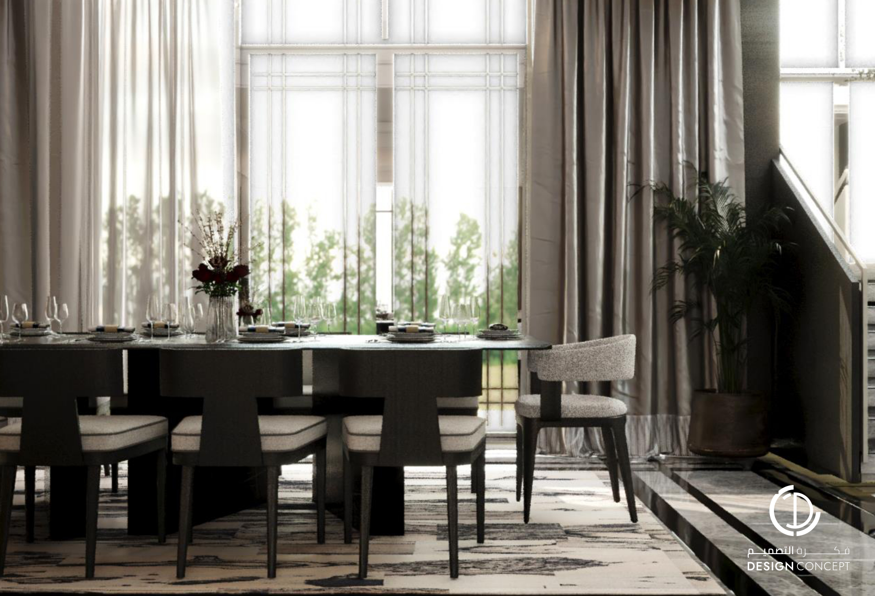 منطقة طاولة الطعام - التصميم الداخلي - فيلا خاصة - شركة فكرة التصميم